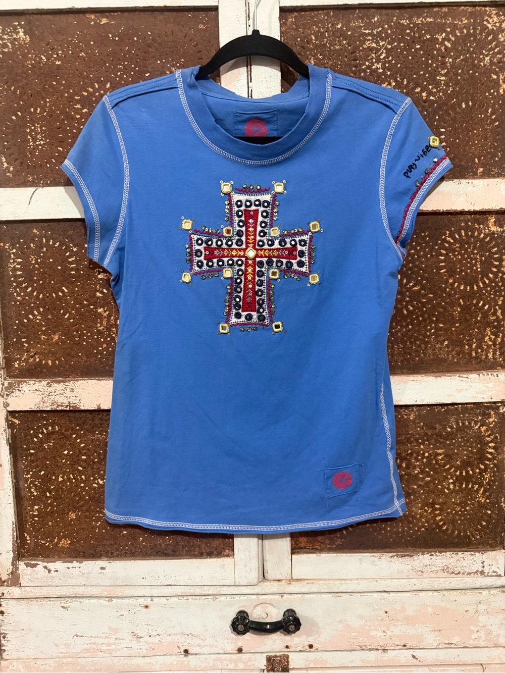 Double D Ranch Periwinkle Blue Short Sleeve Tee with Beaded Cross